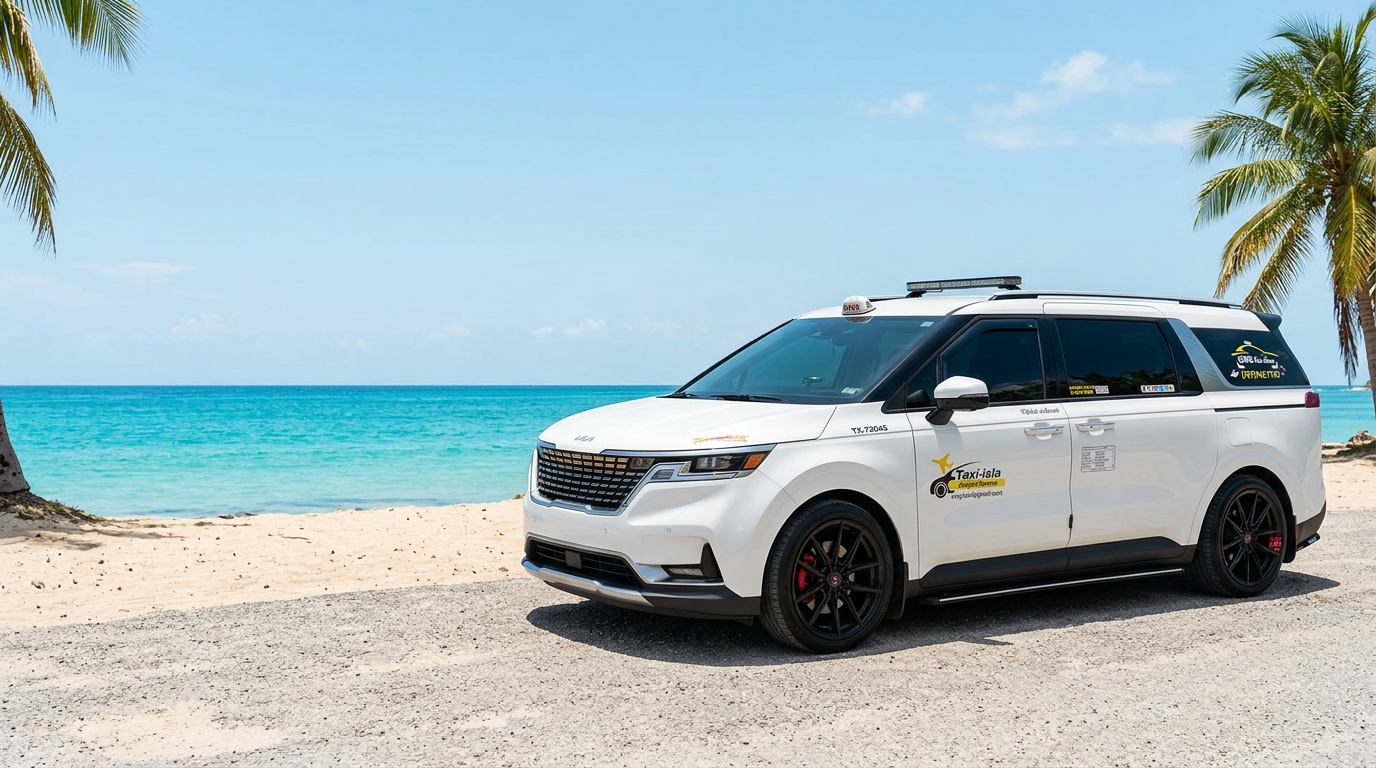 Taxi-isla’s white minivan in an AI-edited Puerto Rico beach setting
