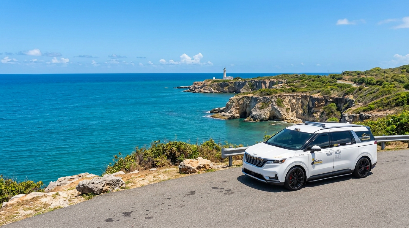 Taxi-isla minivan in an AI-created coastal day-trip scene inspired by Cabo Rojo